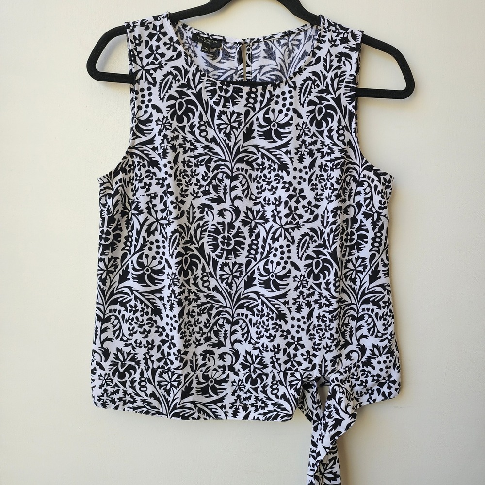 Talbots Petites Womens Black White Floral Damask Sleeveless Side Tie Top SP